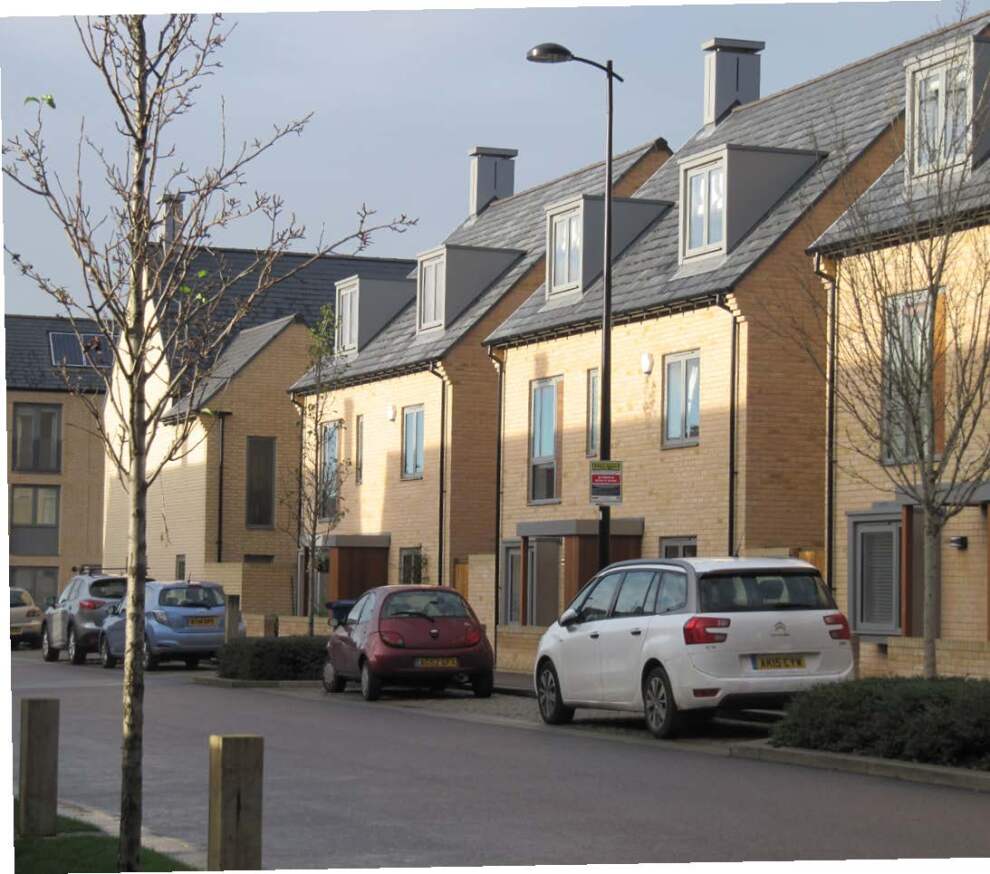 Row of modern houses along a road with hedges and trees.