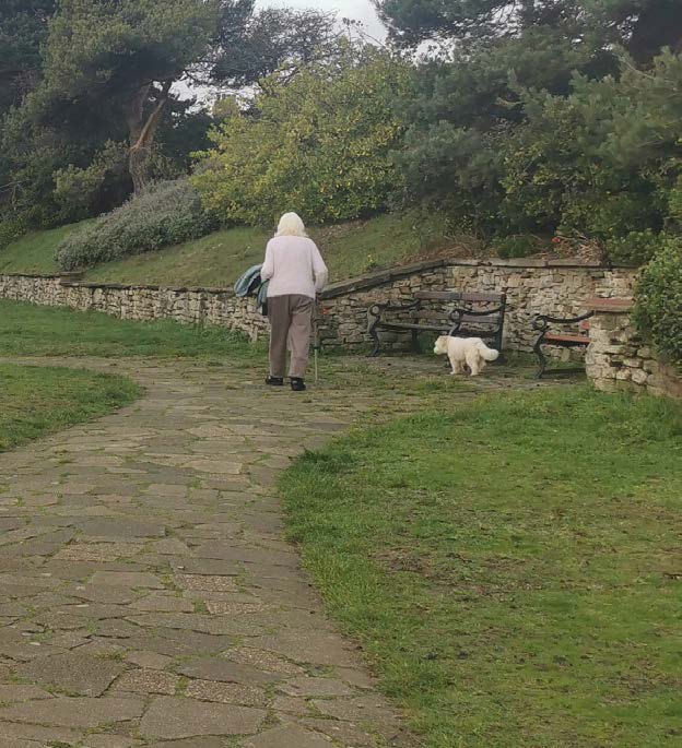 Woman walking her dog along a path in a green space.