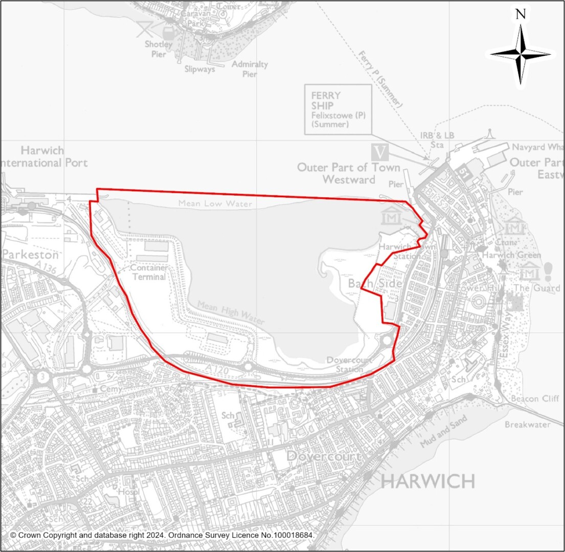 A grayscale map showing the boundary of Freeport East, Bathside Bay and the A120 corridor with a red outline. 