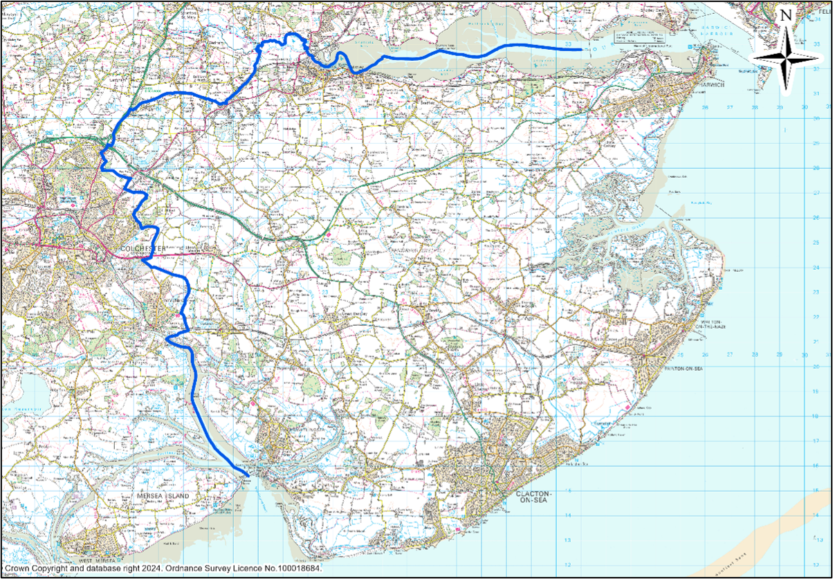 A colour map with a blue line showing the boundary of the Tendring district.