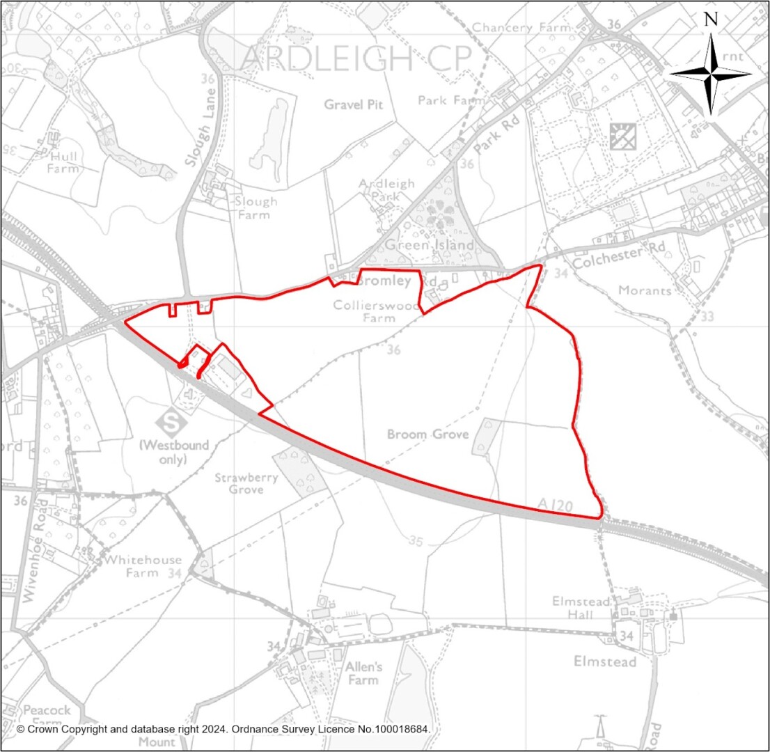 A grayscale map showing the boundary of Collierswood Farm Business Park with a red outline. 