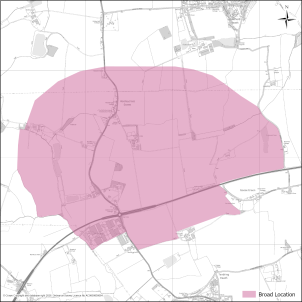 A grayscale map showing the boundary of Horsley Cross Garden Village with a red outline. 