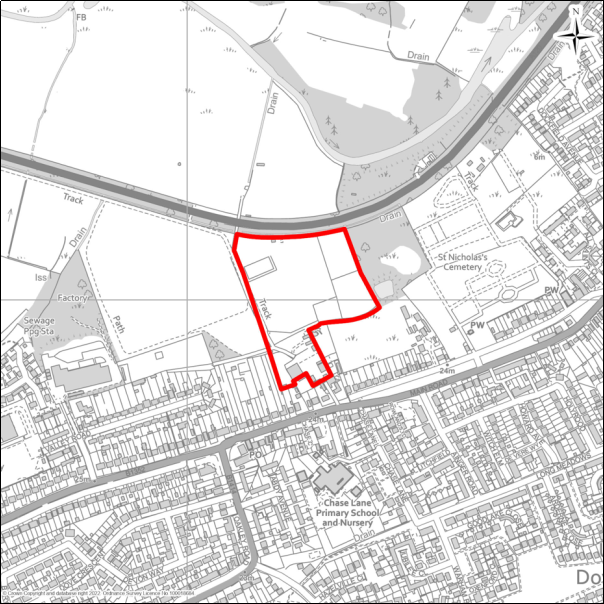 A grayscale map showing the boundary of the Land at Vicarage Farm Off Main Road and South of A120, Harwich with a red outline. 