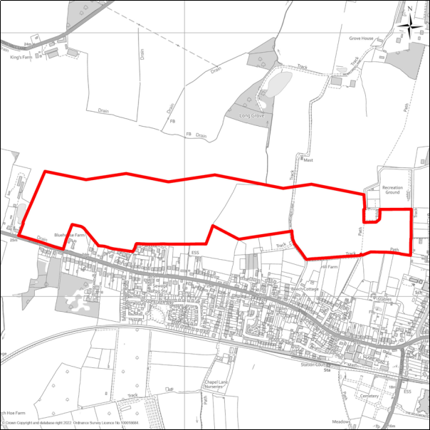 A grayscale map showing the boundary of the Land North of Thorpe Road, Kirby Cross with a red outline. 