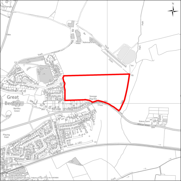 A grayscale map showing the boundary of the Land east of Admirals Green and north of Weeley Road, Great Bentley with a red outline. 