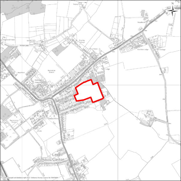 A grayscale map showing the boundary of the Land East of Amerells Road, Little Clacton with a red outline. 