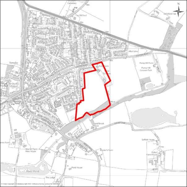 A grayscale map showing the boundary of the Land South of Clacton Road, St Osyth with a red outline. 