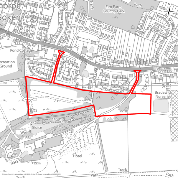 A grayscale map showing the boundary of the Land North of Lifehouse Spa & Hotel, Thorpe-le-Soken with a red outline. 