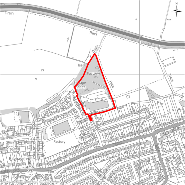 A grayscale map showing the boundary of Durite Works, Valley Road, Harwich with a red outline. 