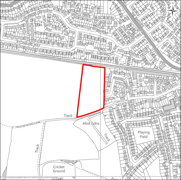 A grayscale map showing the boundary of the Land adjacent to Branscombe Close, Frinton with a red outline. 