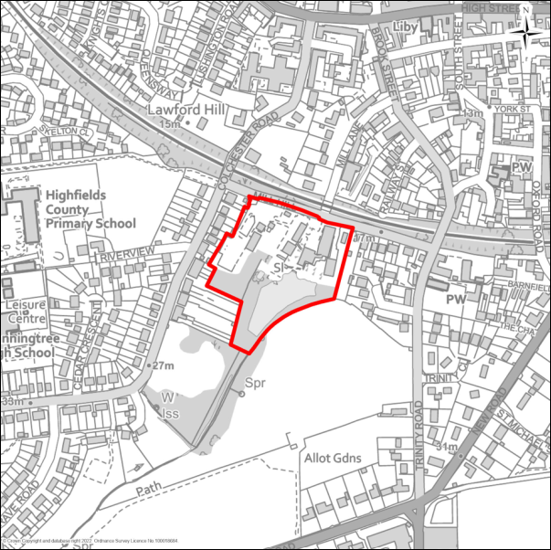 A grayscale map showing the boundary of Affinity Water, Mill Hill, Manningtree with a red outline. 