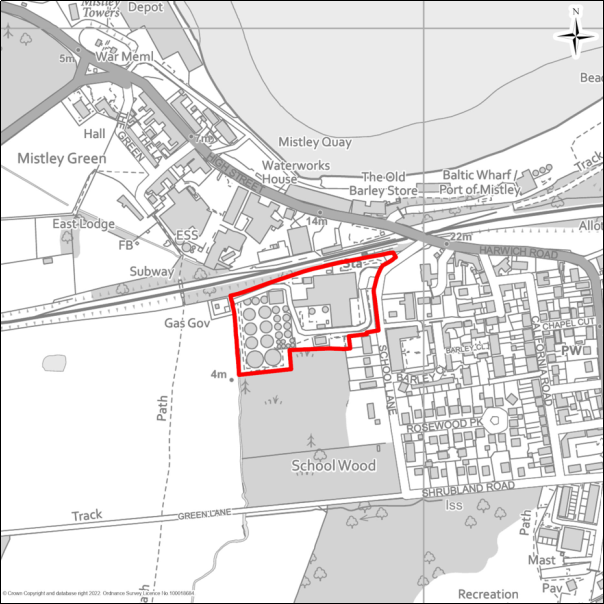 A grayscale map showing the boundary of Crisp Malting, School Lane, Mistley with a red outline. 