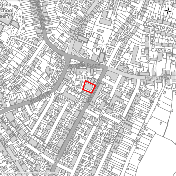 A grayscale map showing the boundary of Brightlingsea Telephone Exchange, 16 New Street, Brightlingsea with a red outline. 