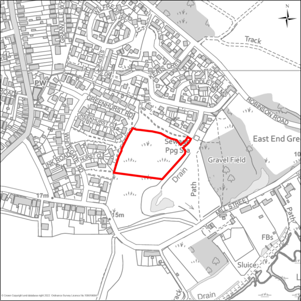 A grayscale map showing the boundary of the Land at Pannell Place, Brightlingsea with a red outline. 