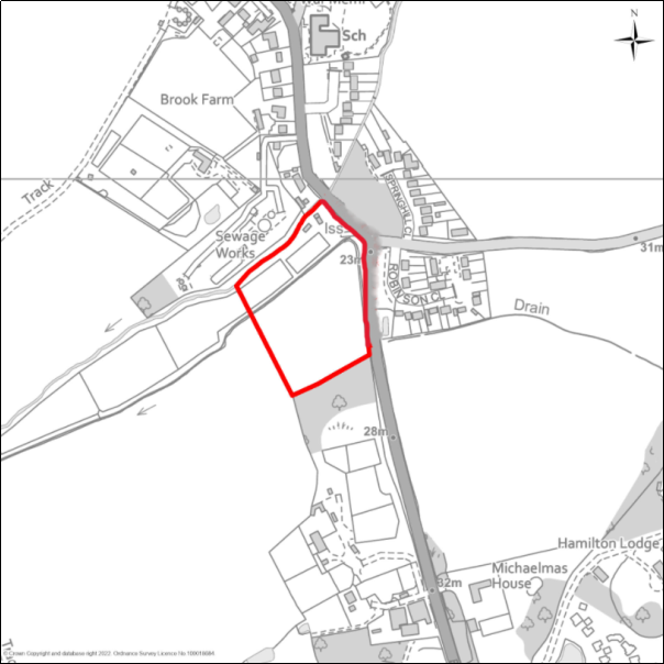 A grayscale map showing the boundary of the Land west of Parsons Hill, Great Bromley with a red outline. 