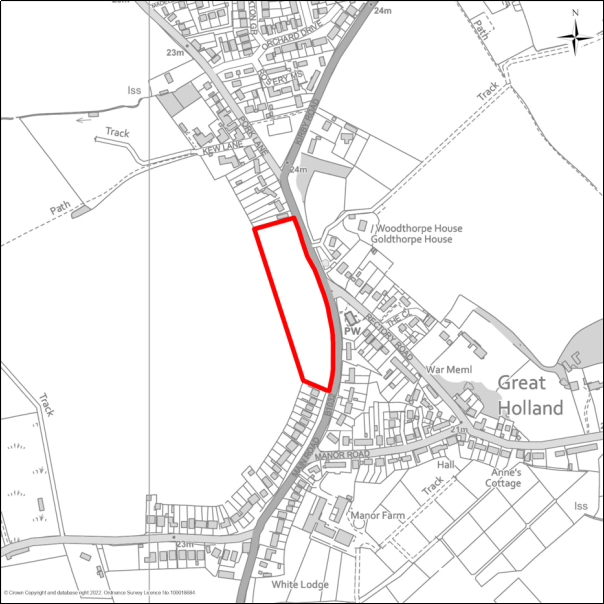 A grayscale map showing the boundary of the Land west of Main Road, Great Holland with a red outline. 