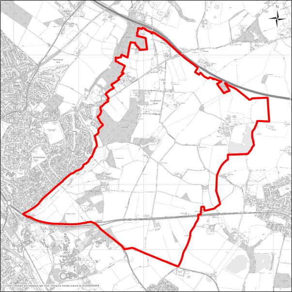 A grayscale map showing the boundary of the Tendring/Colchester Borders Garden Community with a red outline. 