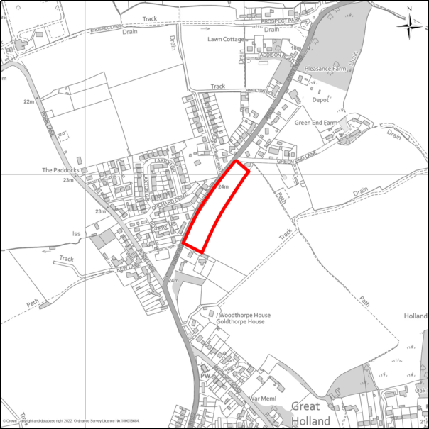 A grayscale map showing the boundary of the Land east of Kirby Road, Great Holland with a red outline. 