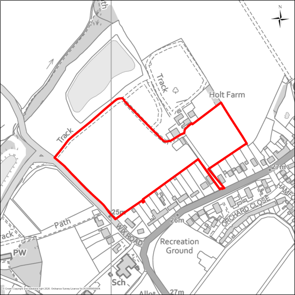 A grayscale map showing the boundary of the Land north-east of Wix Road, Great Oakley with a red outline. 