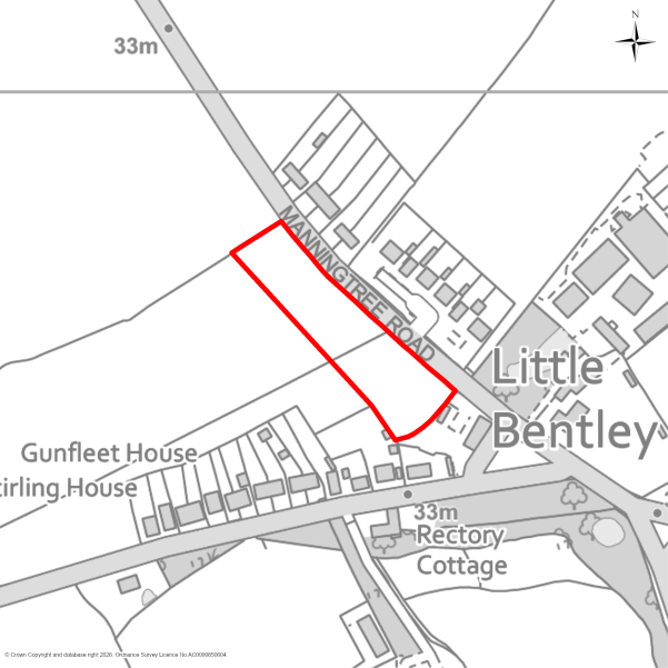 A grayscale map showing the boundary of the Land west of Manningtree Road, Little Bentley with a red outline. 