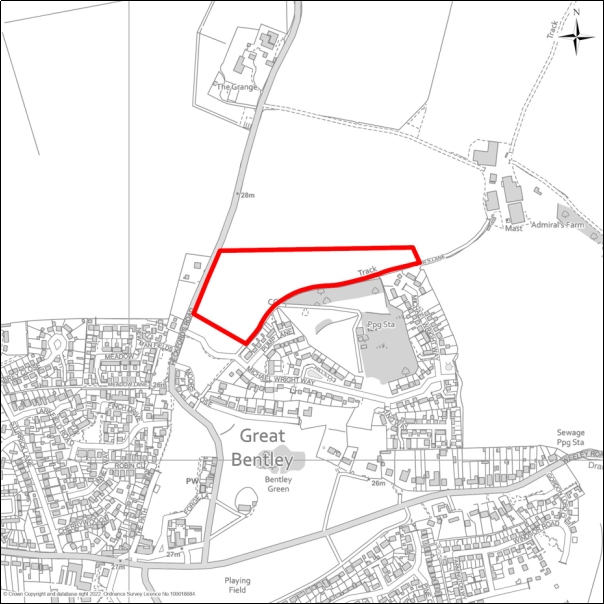 A grayscale map showing the boundary of the Land east of Heckfords Road, Great Bentley with a red outline. 