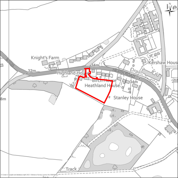 A grayscale map showing the boundary of Haulage Deport, Heath Road, Tendring Heath with a red outline. 