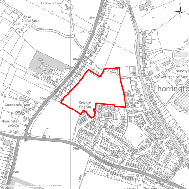 A grayscale map showing the boundary of the Land at Avocet Place, Thorrington with a red outline. 