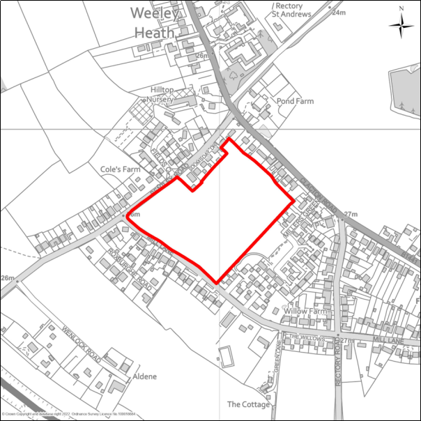 A grayscale map showing the boundary of the Land east of Bentley Road, Weeley Heath with a red outline. 