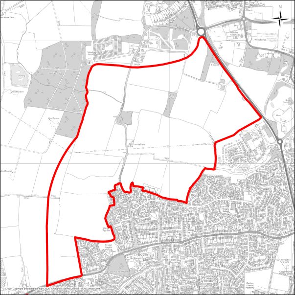 A grayscale map showing the boundary of Hartley Gardens, Clacton with a red outline. 