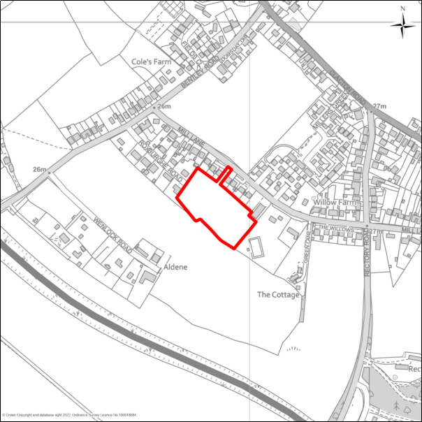 A grayscale map showing the boundary of the Land south of Mill Lane, Weeley Heath with a red outline. 