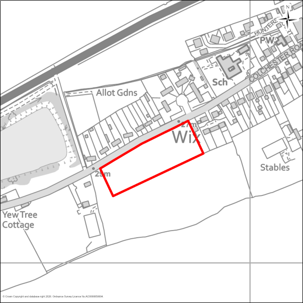 A grayscale map showing the boundary of the Land south of Colchester Road, Wix with a red outline. 