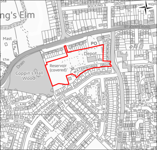 A grayscale map showing the boundary of the Former Tendring Hundred Waterworks Site, Clacton with a red outline. 