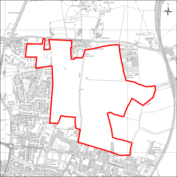 A grayscale map showing the boundary of Oakwood Park, Clacton with a red outline. 