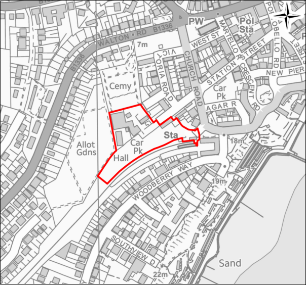 A grayscale map showing the boundary of Station Yard/ Avon Works, Walton with a red outline. 