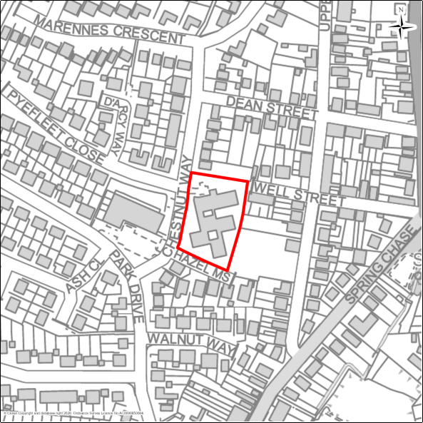 A grayscale map showing the boundary of the Former Wellhouse Site, Chestnut Way, Brightlingsea with a red outline. 