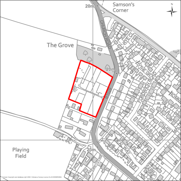 A grayscale map showing the boundary of Vicarage Field, Church Road, Brightlingsea with a red outline. 