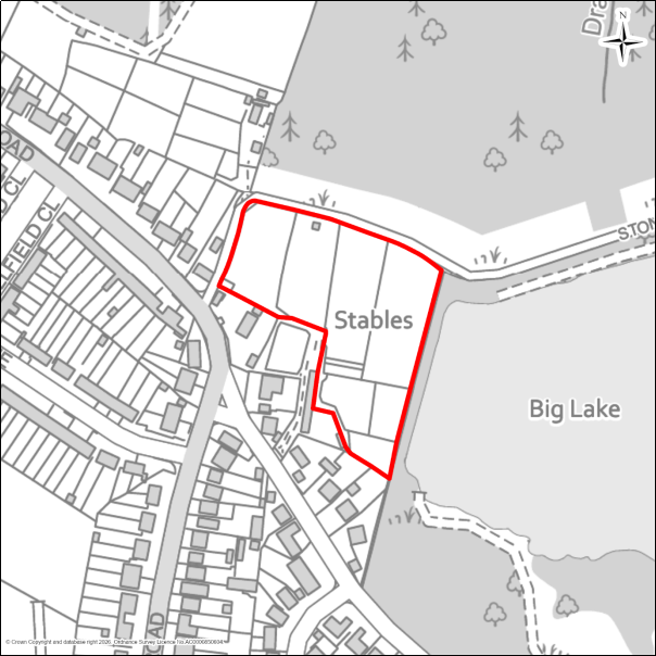 A grayscale map showing the boundary of the Land North of Robinson Road, Brightlingsea with a red outline. 