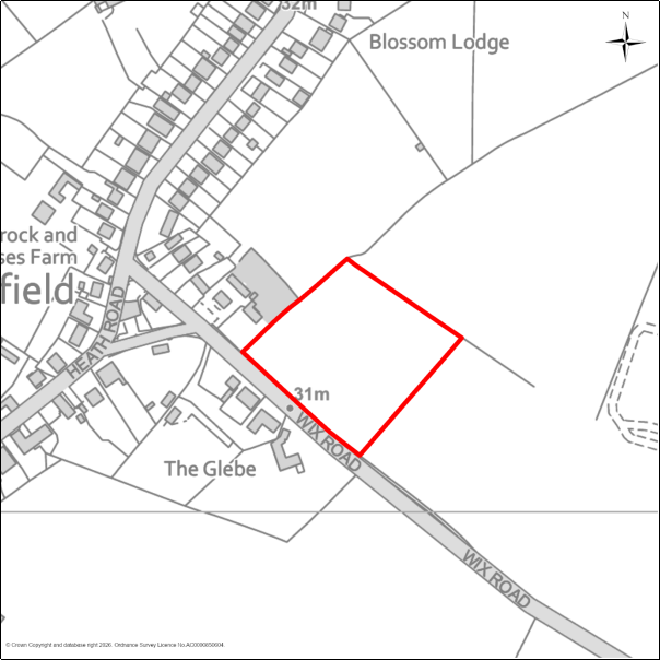 A grayscale map showing the boundary of the Land North of Wix Road, Bradfield with a red outline. 