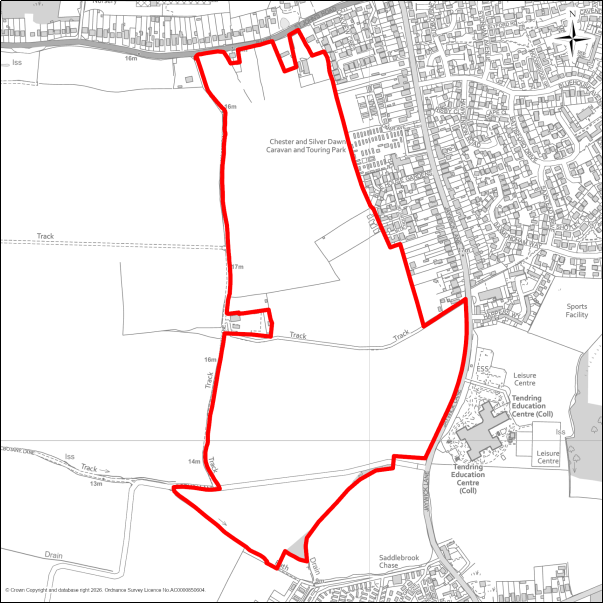 A grayscale map showing the boundary of Rouses Farm, Clacton with a red outline. 