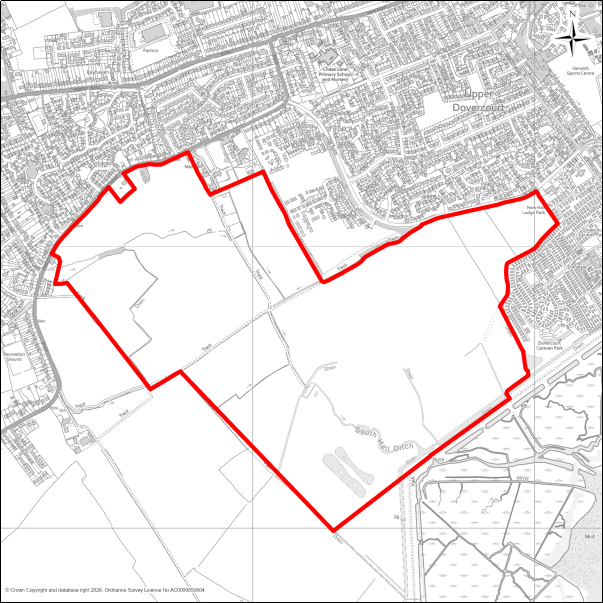 A grayscale map showing the boundary of the Land off Deane's Lane and Oakley Road, Dovercourt with a red outline. 