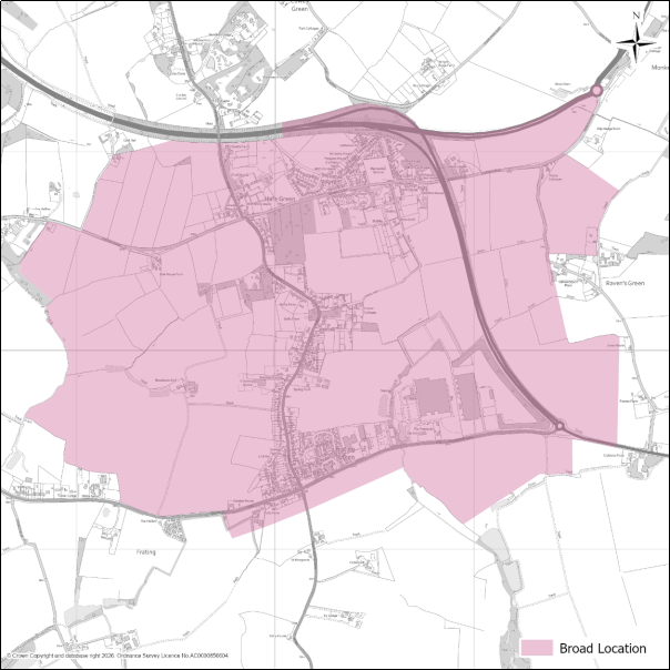 A grayscale map showing the boundary of Hare Green Garden Village with a red outline. 